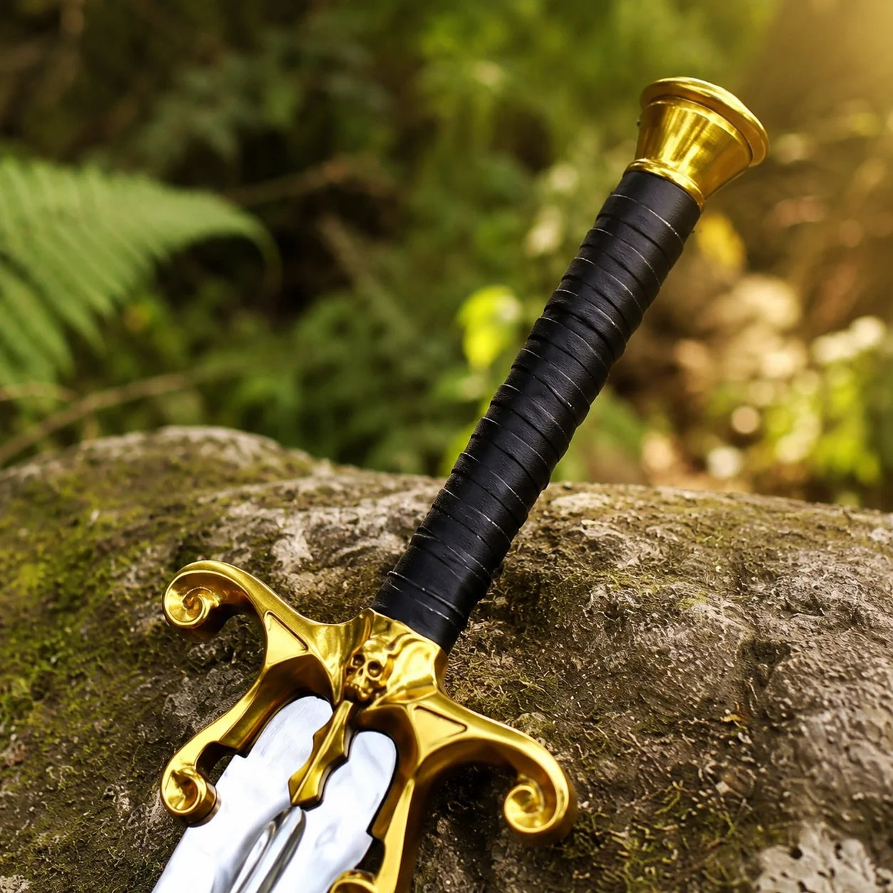 He-Man 1987 Movie Sword prop replica close-up macro of silver chrome mirror-polish display finish blade with single central fuller groove and tapered display point on mossy log in sunlit green forest – He-Man Masters of the Universe 1987 movie prop replica collectible