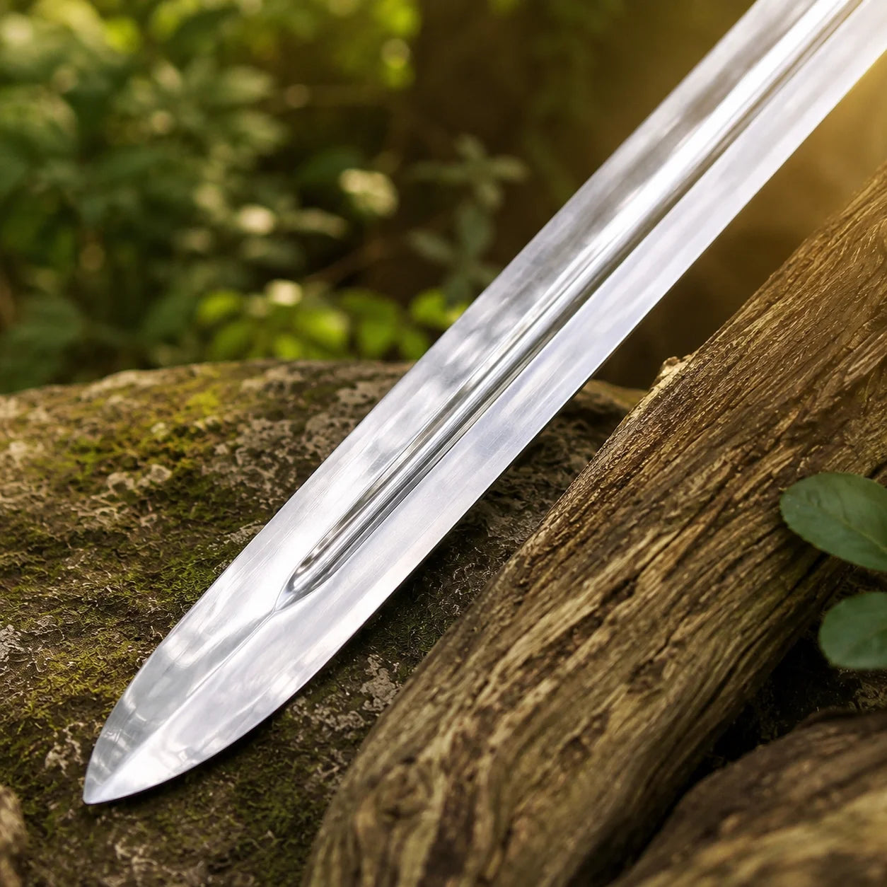He-Man 1987 Movie Sword prop replica dramatic upright hero display on mossy rock in sunlit green forest showing full silver chrome mirror-polish display finish blade with single central fuller groove ornate gold brass skull cross-guard scrollwork curls black leather-wrapped handle and gold brass pommel cap – Masters of the Universe fantasy collectible