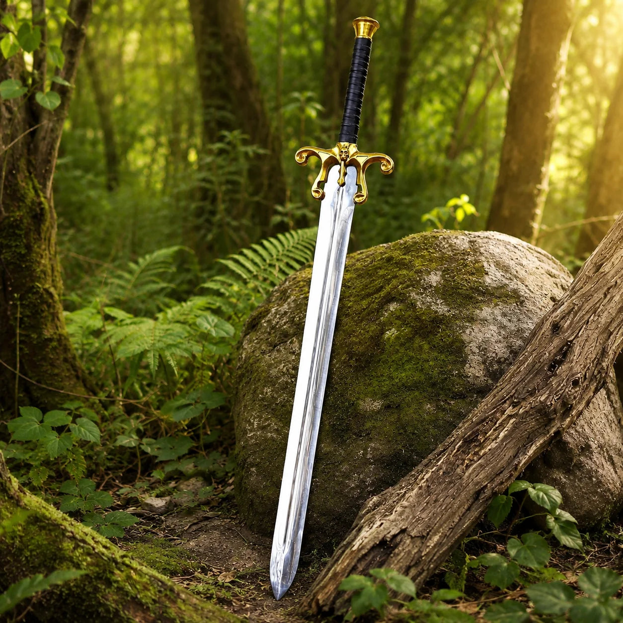 He-Man 1987 Movie Sword prop replica wide display view on mossy rock showing full silver chrome mirror-polish display finish blade profile with single central fuller groove ornate gold brass skull cross-guard scrollwork curls black leather-wrapped handle and gold brass cylindrical pommel cap in sunlit green forest – He-Man 1987 cosplay prop fan gift