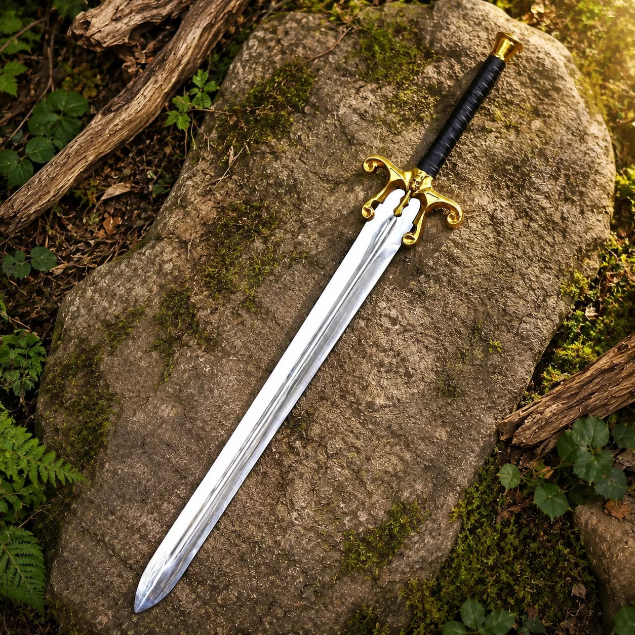 He-Man 1987 Movie Sword prop replica held in gloved hand in sunlit green forest showing full silver chrome mirror-polish display finish blade with single central fuller groove ornate gold brass skull cross-guard scrollwork curls black leather-wrapped handle and gold brass pommel cap – He-Man Masters of the Universe 1987 movie collectible wall display