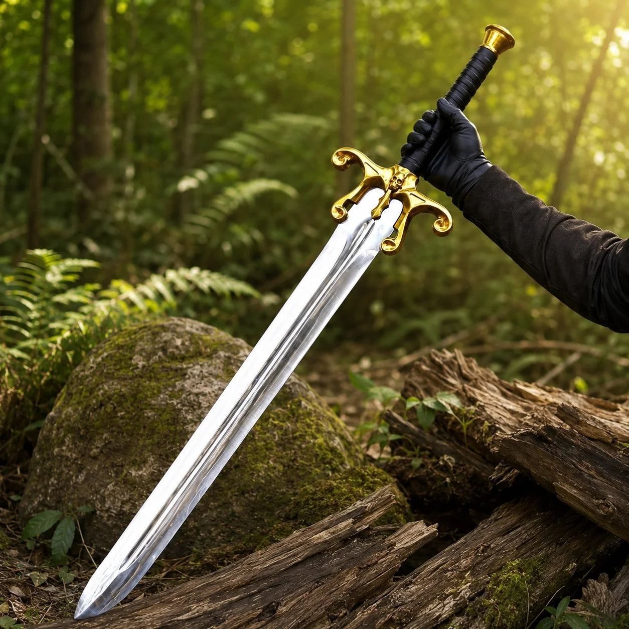 He-Man 1987 Movie Sword prop replica alternate hero view on mossy rock in sunlit green forest showing full silver chrome mirror-polish display finish blade with single central fuller groove ornate gold brass skull cross-guard scrollwork curls black leather-wrapped handle and gold brass cylindrical pommel cap – He-Man 1987 fan gift display piece