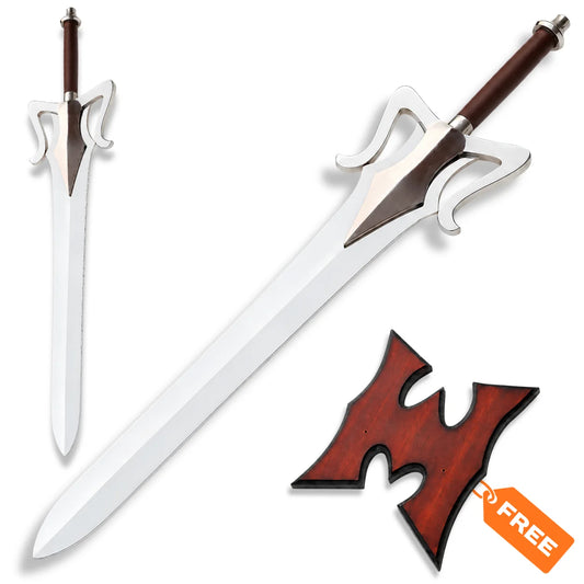 He-Man 1987 Power Sword prop replica with silver blade, brown handle and Masters of the Universe wall display plaque