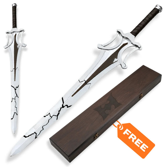 He-Man Broken Power Sword replica with cracked blade design and wooden display box – Masters of the Universe collectible