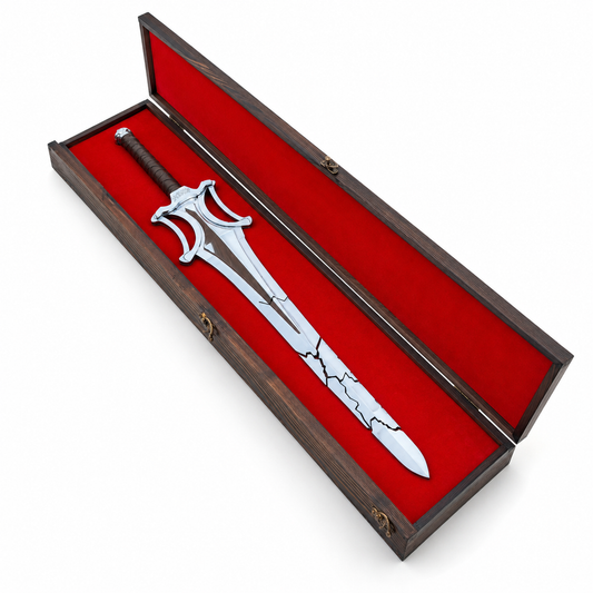He-Man Broken Sword prop replica in red velvet wooden display case – Masters of the Universe collectible