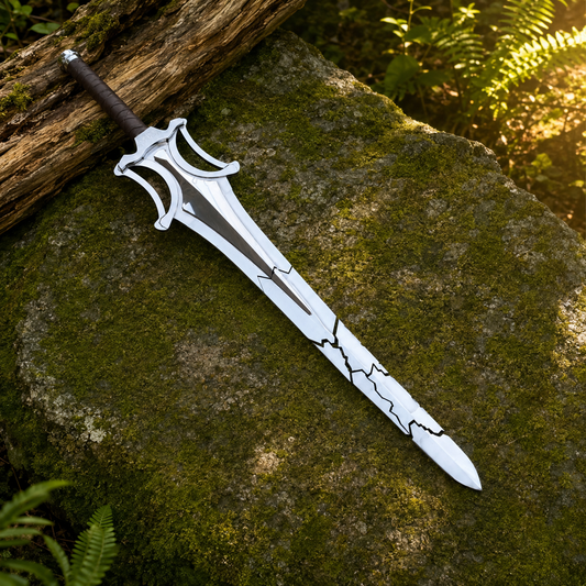 He-Man Broken Sword prop replica full view on mossy rock – cracked blade stainless steel display piece