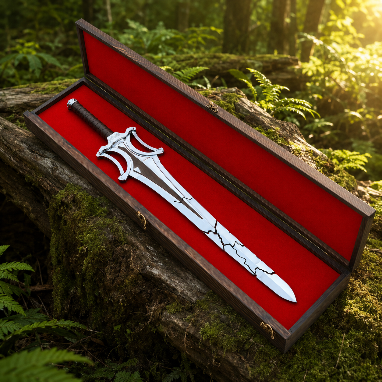 He-Man Broken Sword prop replica in open wooden display case on mossy rock – MOTU fan display collectible