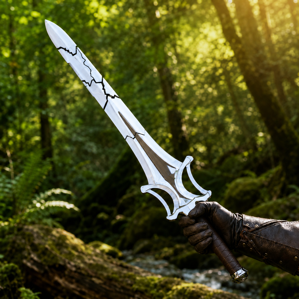 He-Man Broken Sword prop replica held in gloved hand in forest – cracked blade Masters of the Universe display collectible