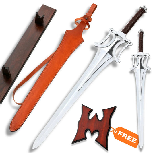 He-Man Power Sword replica with brown grip, silver blade, leather sheath and Masters of the Universe wall display plaque