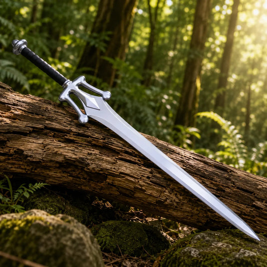 He-Man Power Sword prop replica held in gloved hand in forest – Masters of the Universe display collectible