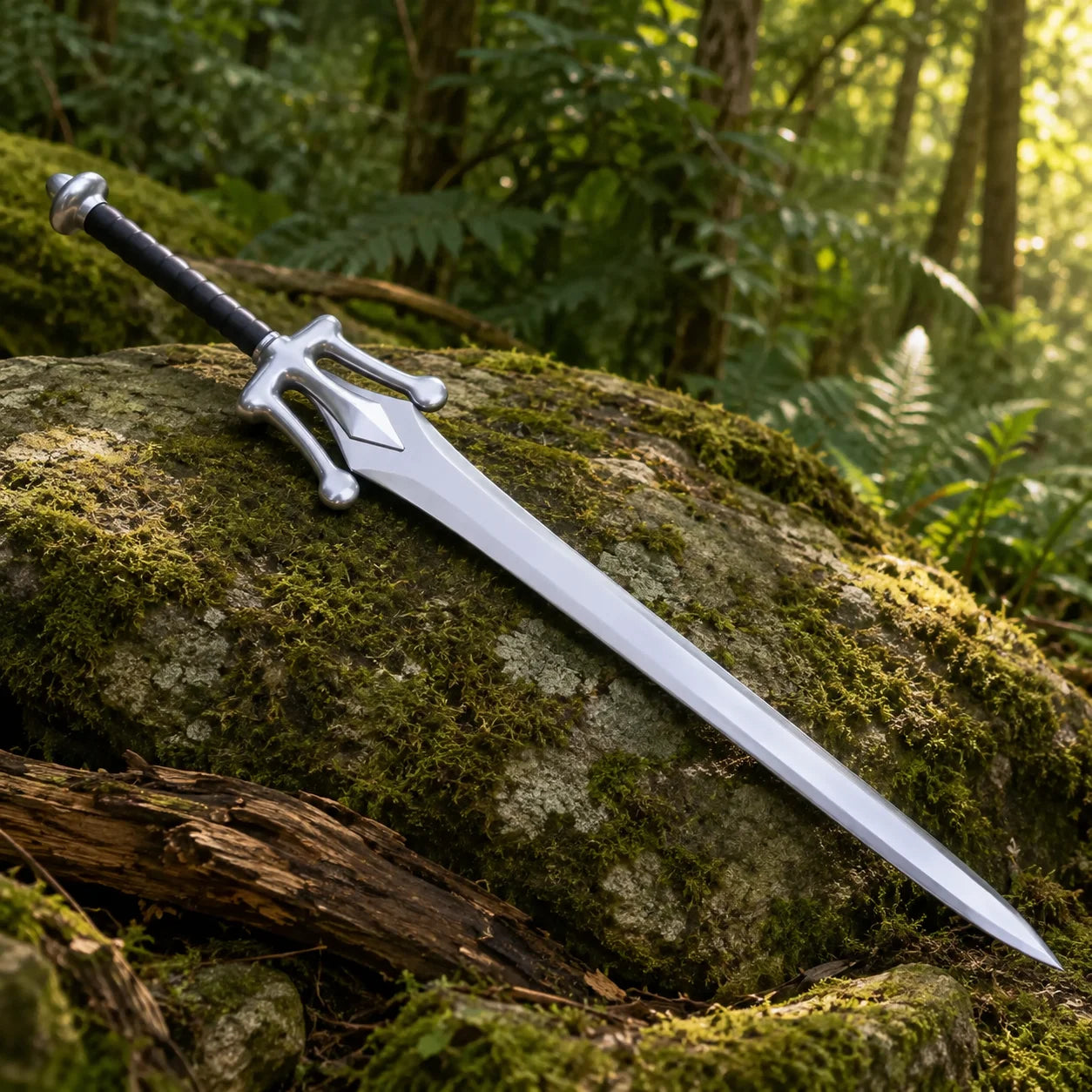 He-Man Power Sword decorative prop replica displayed on fallen log – Masters of the Universe cosplay accessory