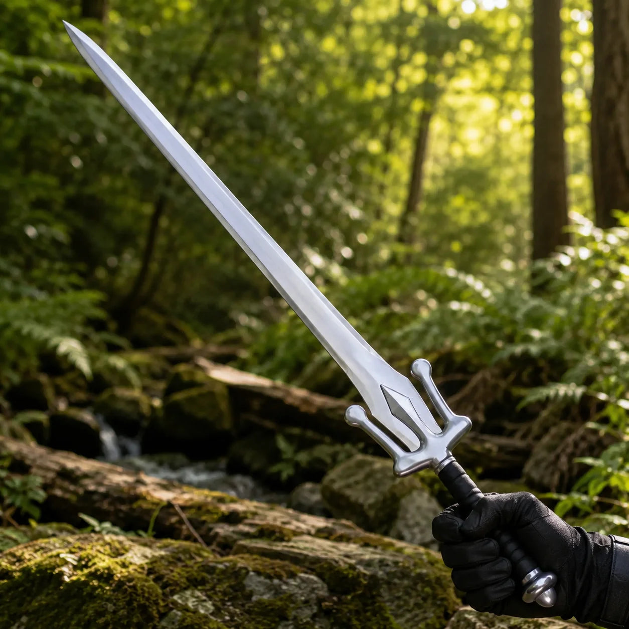 He-Man Power Sword prop replica resting on mossy rock in forest – Masters of the Universe fan collectible