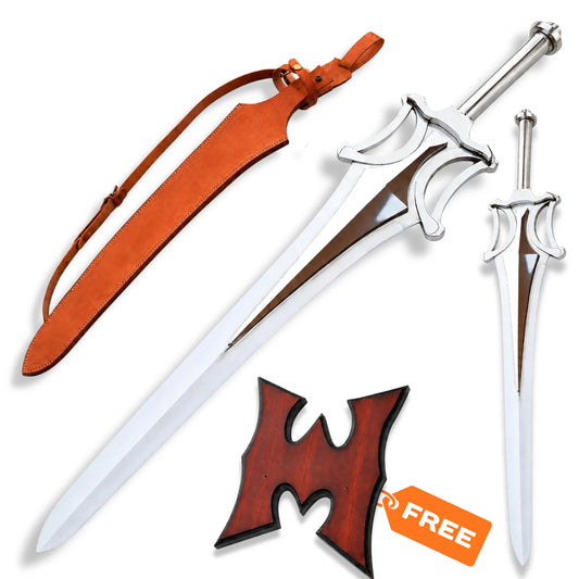 He-Man Power Sword prop replica with silver blade, leather sheath and Masters of the Universe wall display plaque