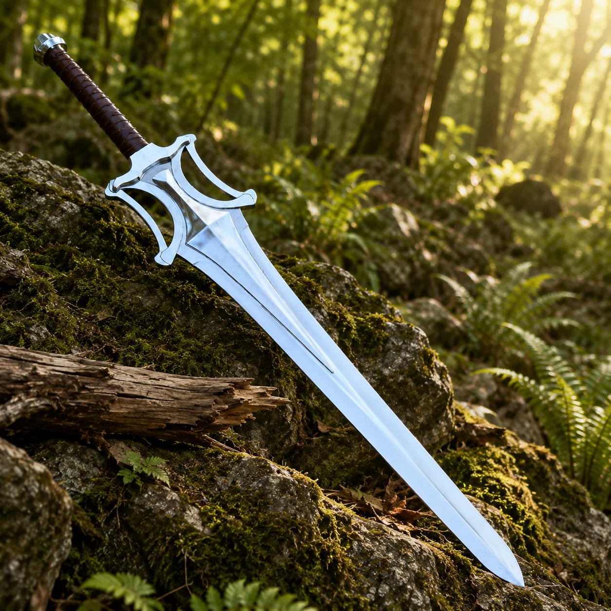He-Man Power Sword prop replica close-up macro of iconic open-work cross-guard with four curved cutout arches in silver chrome finish and dark brown leather-wrapped handle with tight diagonal wrap on mossy log in sunlit green forest bokeh – He-Man Masters of the Universe display collectible