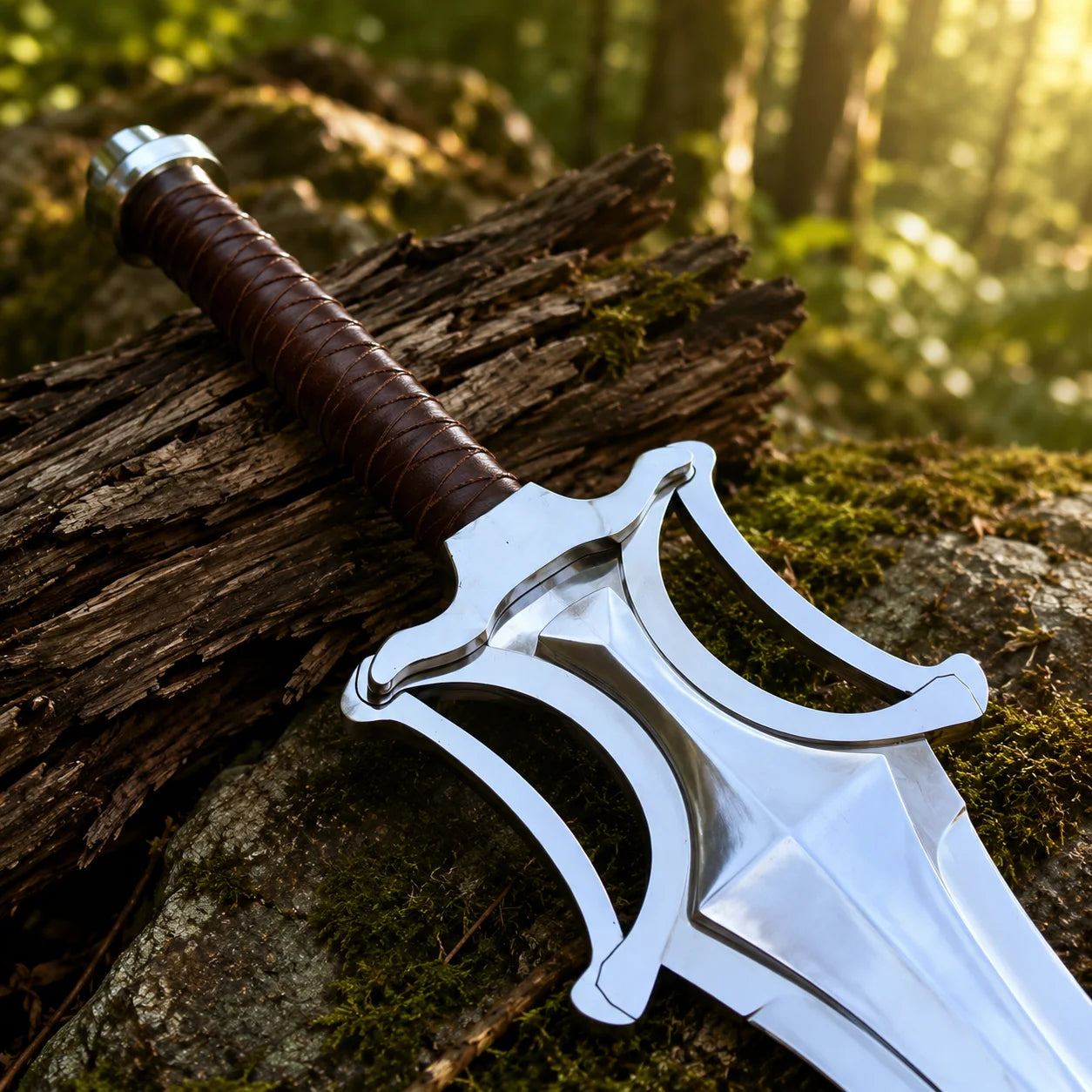 He-Man Power Sword prop replica close-up macro of silver chrome mirror-polish display finish blade with double fuller groove and tapered display point on mossy rock in sunlit green forest – He-Man Masters of the Universe fantasy prop replica collectible