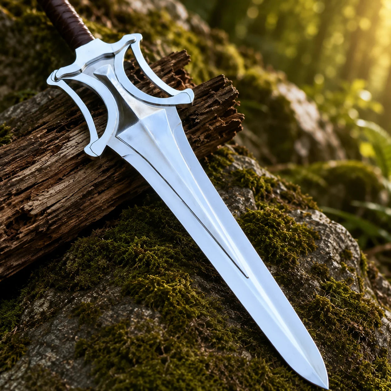 He-Man Power Sword prop replica wide display view on mossy rock showing full silver chrome mirror-polish display finish blade profile with double fuller groove open-work cross-guard four curved cutout arches dark brown leather-wrapped handle and silver cylindrical pommel cap in sunlit green forest – He-Man cosplay prop fan gift