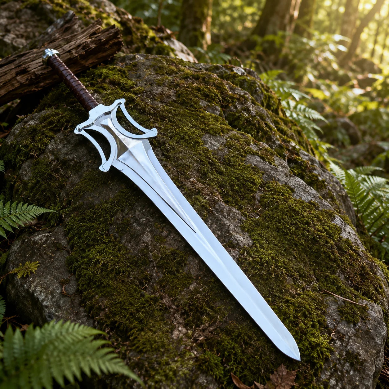 He-Man Power Sword prop replica held in gloved hand in sunlit green forest showing full silver chrome mirror-polish display finish blade with double fuller groove open-work cross-guard four curved cutout arches dark brown leather-wrapped handle and silver cylindrical pommel cap – He-Man Masters of the Universe movie collectible wall display