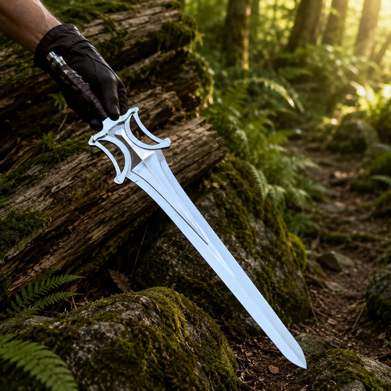 He-Man Power Sword prop replica alternate hero view on mossy rock in sunlit green forest showing full silver chrome mirror-polish display finish blade with double fuller groove tapered display point open-work cross-guard four curved cutout arches and dark brown leather-wrapped handle – He-Man Masters of the Universe fan gift display piece
