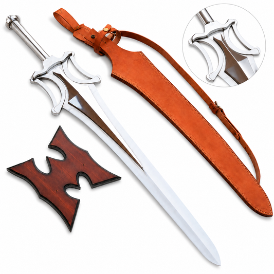 He-Man Power Sword prop replica with leather scabbard and wooden wall plaque – Masters of the Universe collectible