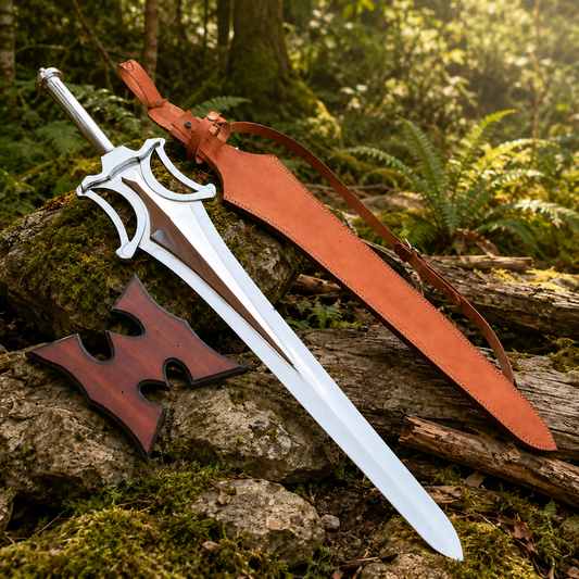 He-Man Power Sword prop replica displayed on mossy rocks in forest – Masters of the Universe fan collectible