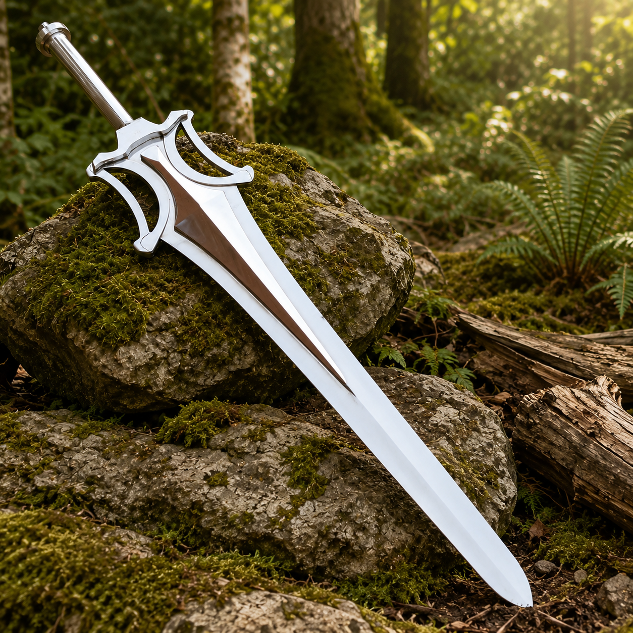 He-Man Power Sword prop replica resting on rocks in woodland setting – fantasy display collectible