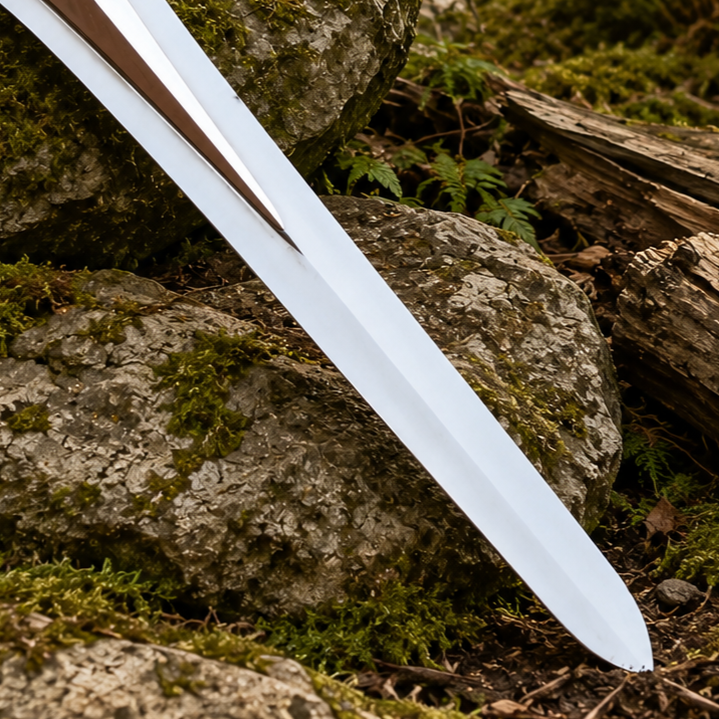 He-Man Power Sword prop replica with leather scabbard and wooden plaque in forest – Masters of the Universe display