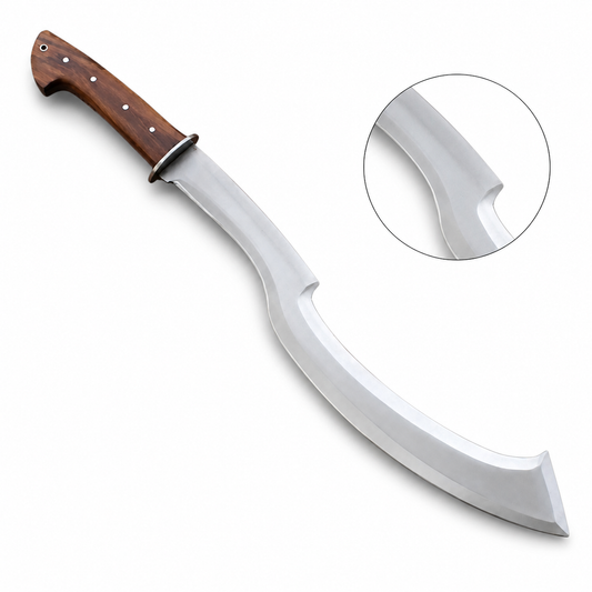Egyptian Khopesh prop replica full view with hand-stitched leather scabbard on mossy rock – pharaonic collectible