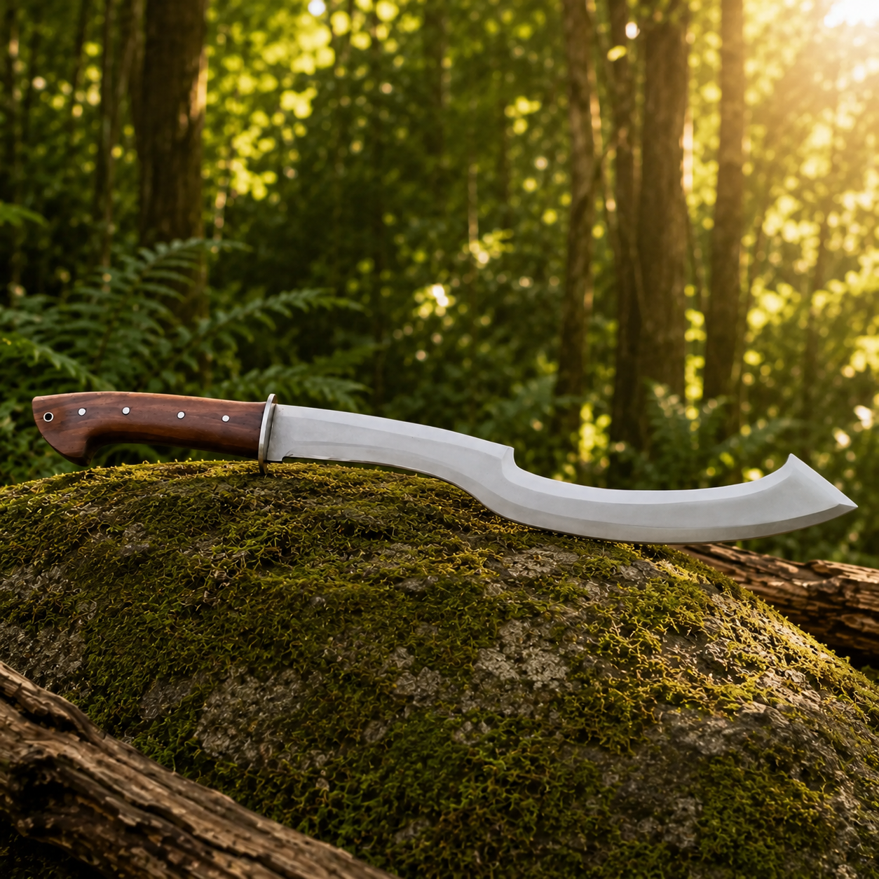 Egyptian Khopesh prop replica resting on mossy log in forest setting – pharaonic display collectible