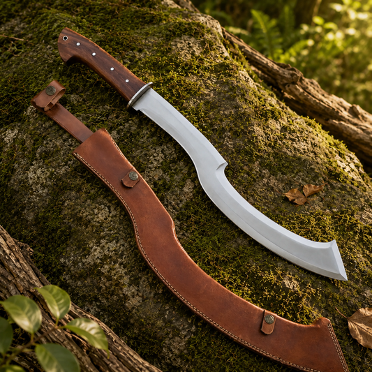 Egyptian Khopesh prop replica full-length view on white background with blade detail inset – collector display piece