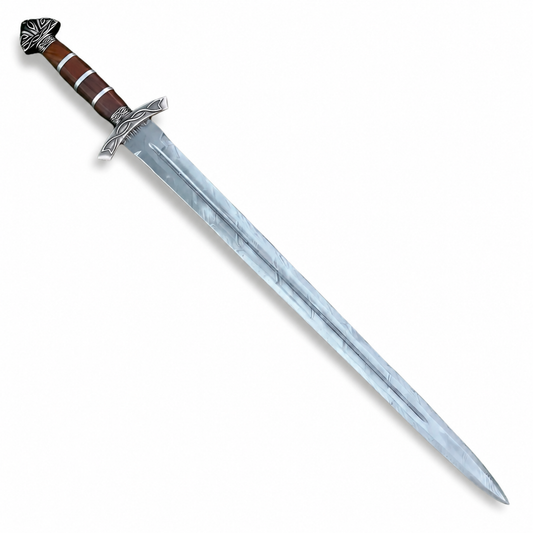 Viking Warrior Damascus sword prop replica held in forest – Norse legend display collectible