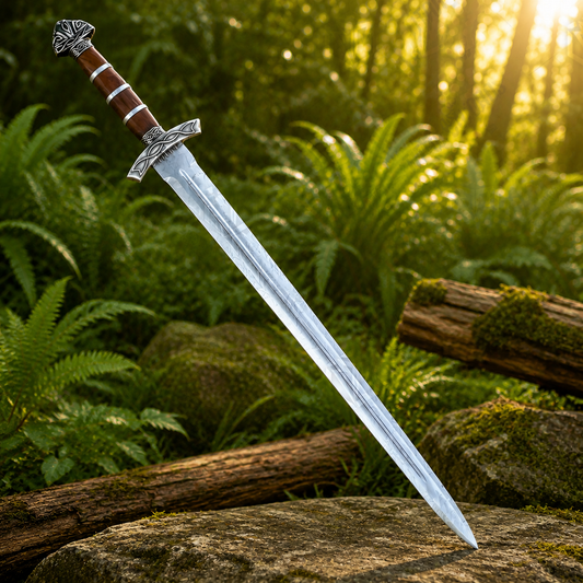 Viking Damascus sword prop replica handle with Celtic crossguard and wood grip close-up detail