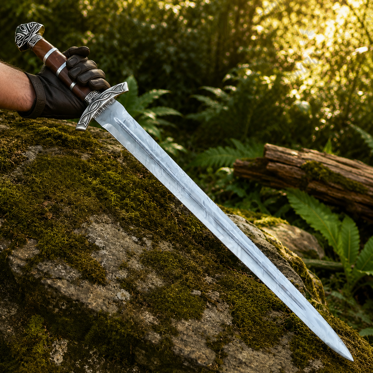Norse warrior sword prop replica blade tip with Damascus display finish on mossy rock