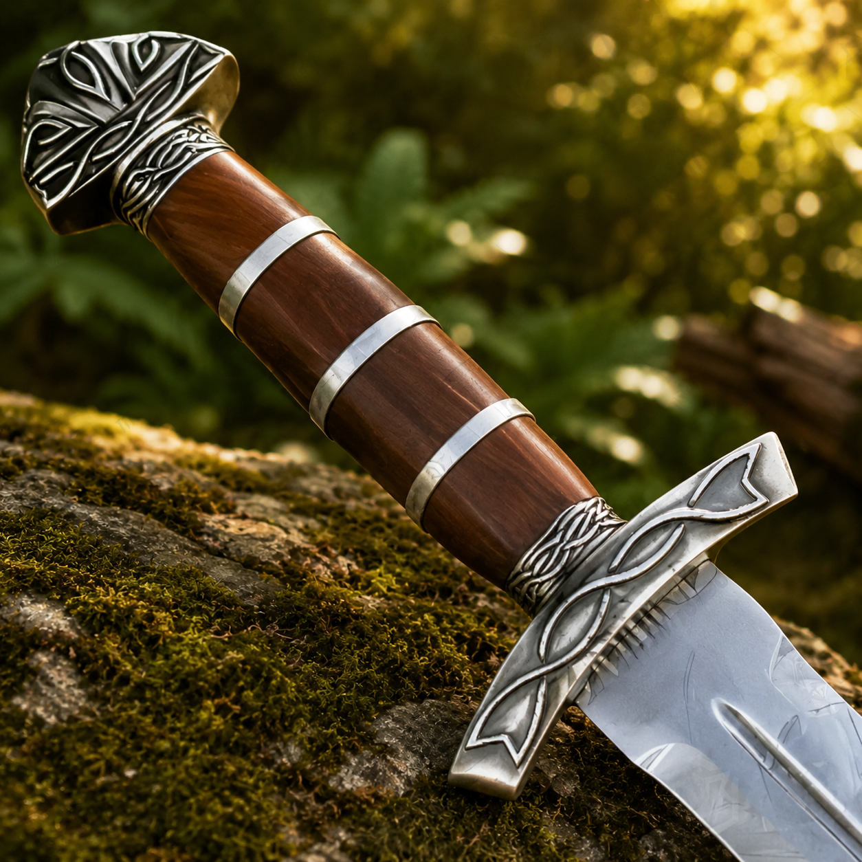 Full-length Viking Damascus sword prop replica resting on mossy log – Norse collectible display piece