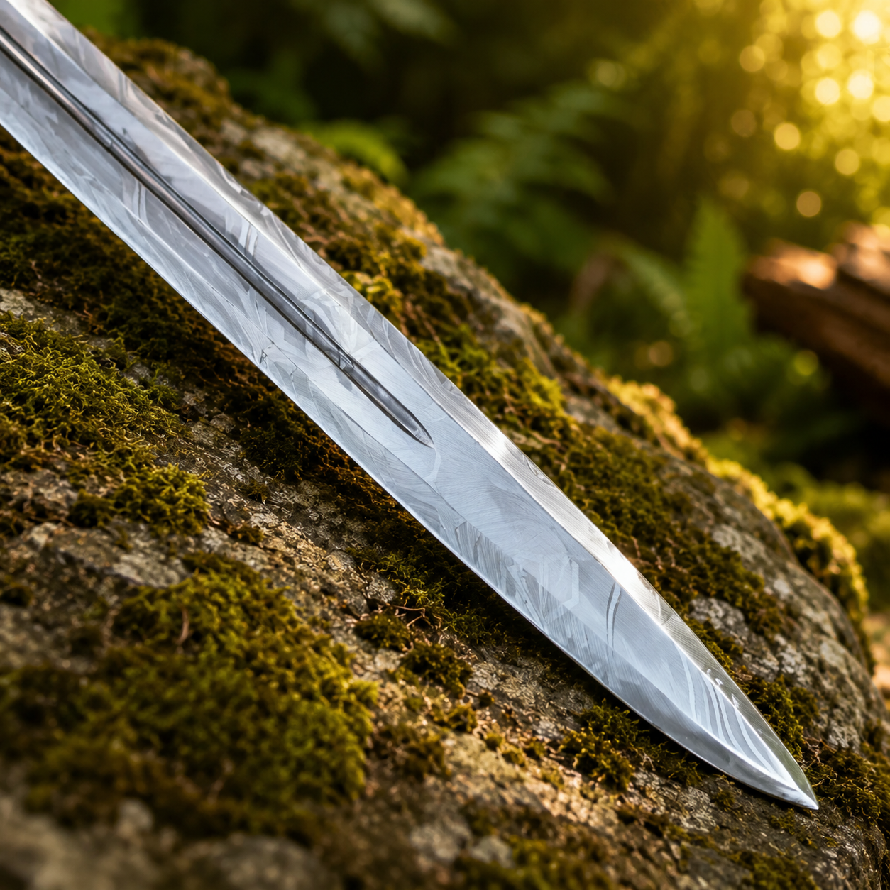 Viking sword prop replica displayed on mossy rock at angle – Norse mythology fantasy collectible