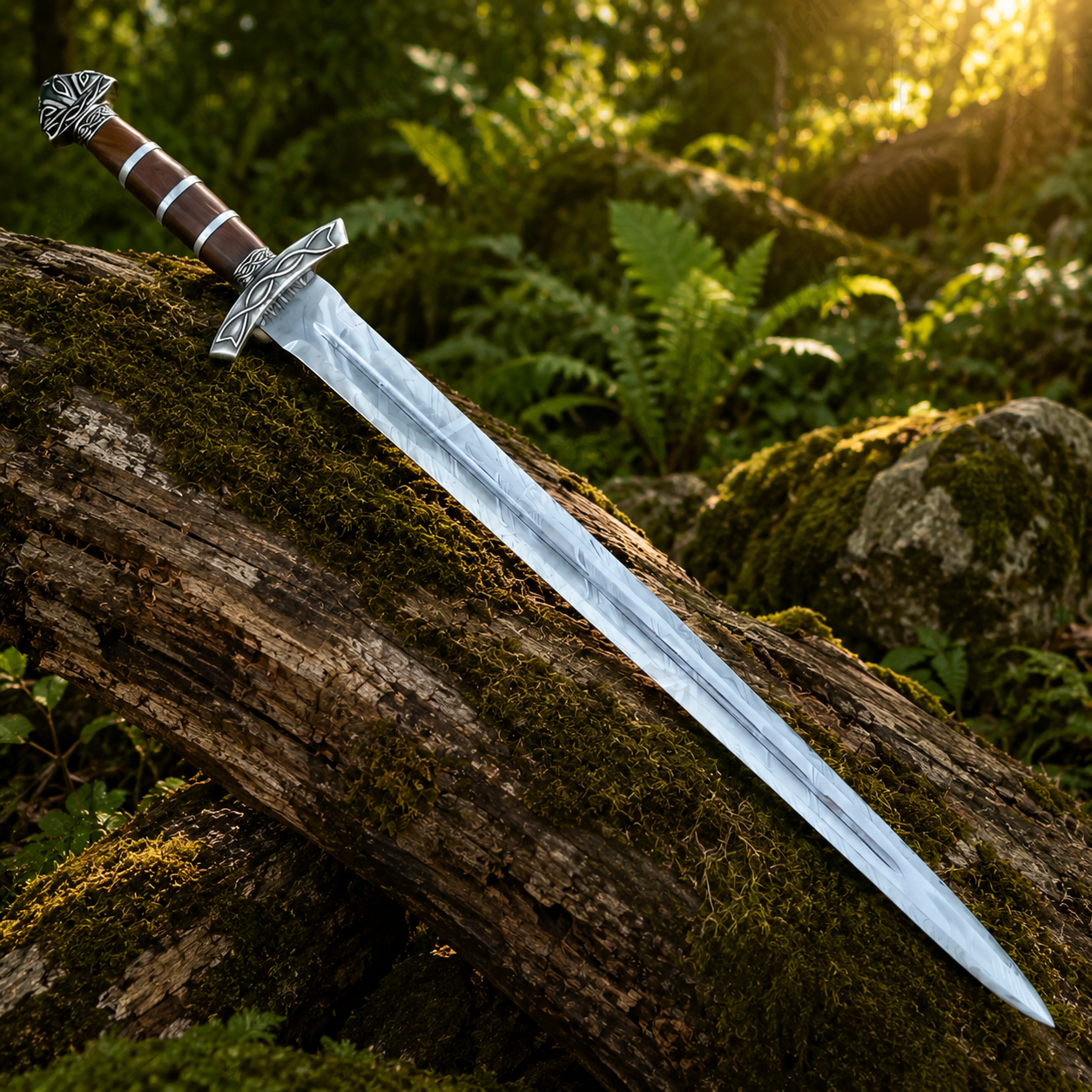 Norse legend Viking Damascus sword display collectible laid flat on mossy stone – fan gift