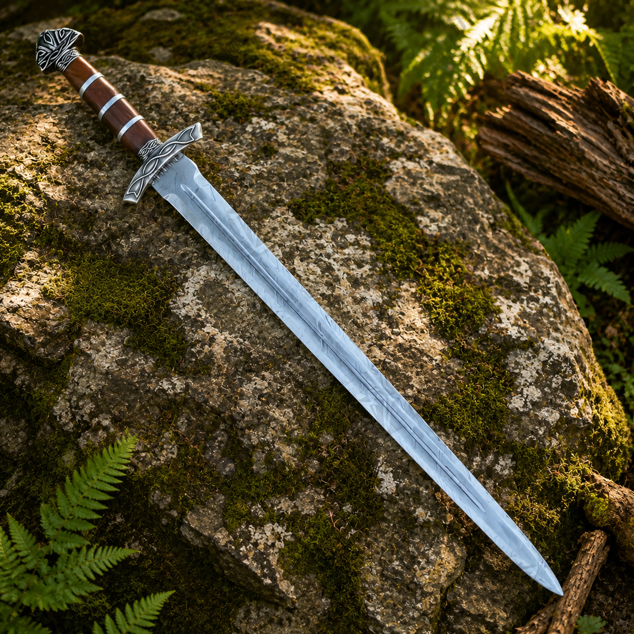 Viking warrior Damascus sword cosplay prop replica in forest scene – medieval Norse collectible