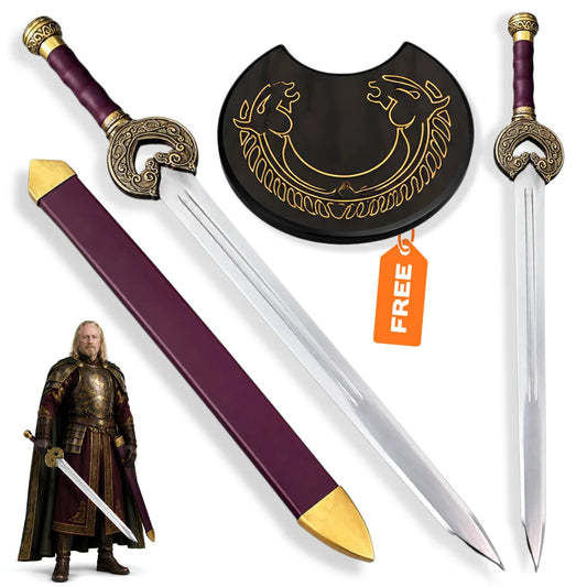 Herugrim Theoden sword LOTR Rohan prop replica with purple scabbard and decorative horse wall display plaque