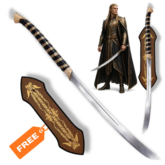 High Elven warrior sword LOTR prop replica with curved silver blade and decorative wall display plaque