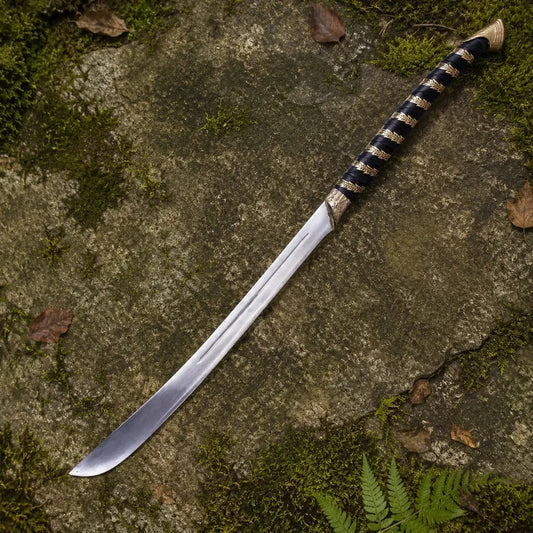 High Elven Warrior sword prop replica close-up of curved polished silver Elvish blade tip with central fuller groove in golden bokeh sunlit forest – Tolkien LOTR Elvish collectible