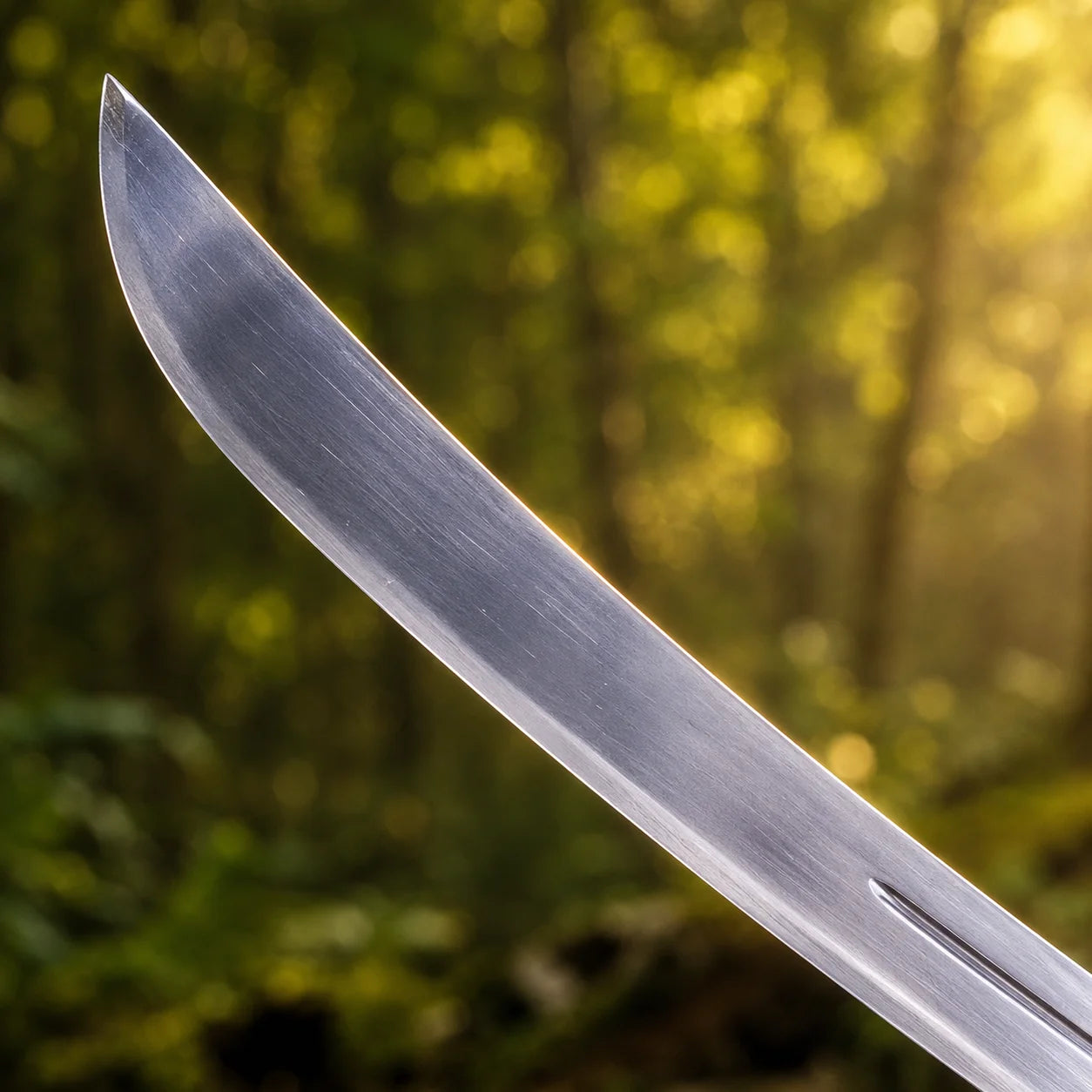 High Elven Warrior sword prop replica full length on mossy rocks in sunlit forest showing complete curved polished silver Elvish blade with central fuller black leather grip gold Elvish leaf motif bands and ornate gold triangular pommel – LOTR Elvish fan gift