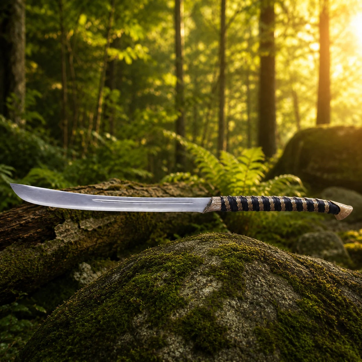 High Elven Warrior sword prop replica white background full product shot with grip close-up inset showing curved polished silver Elvish blade black leather spiral grip with gold Elvish leaf fern motif bands and ornate gold triangular fan pommel – Tolkien LOTR collectible
