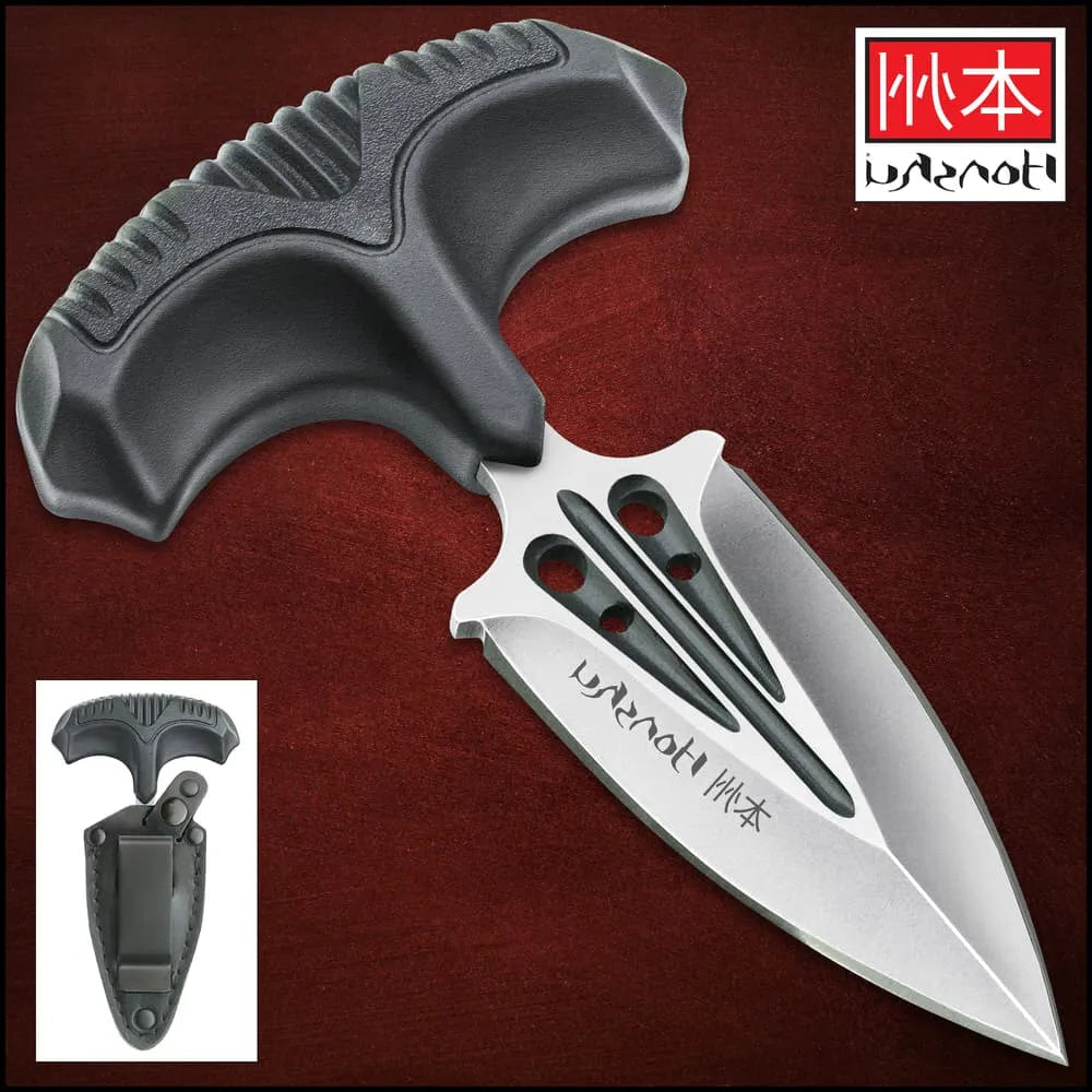 Close up of 3.375 inch 7Cr13 stainless steel blade on Honshu covert defense push dagger with groove and holes