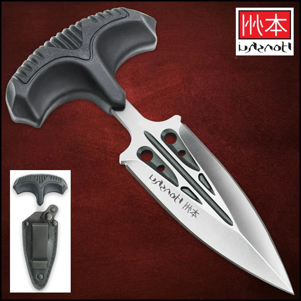 Close up of 3.375 inch 7Cr13 stainless steel blade on Honshu covert defense push dagger with groove and holes