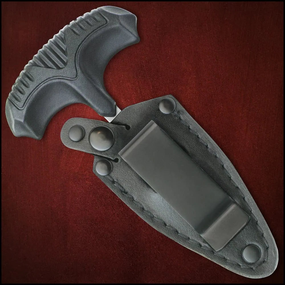 Close up of 3.375 inch 7Cr13 stainless steel blade on Honshu covert defense push dagger with groove and holes