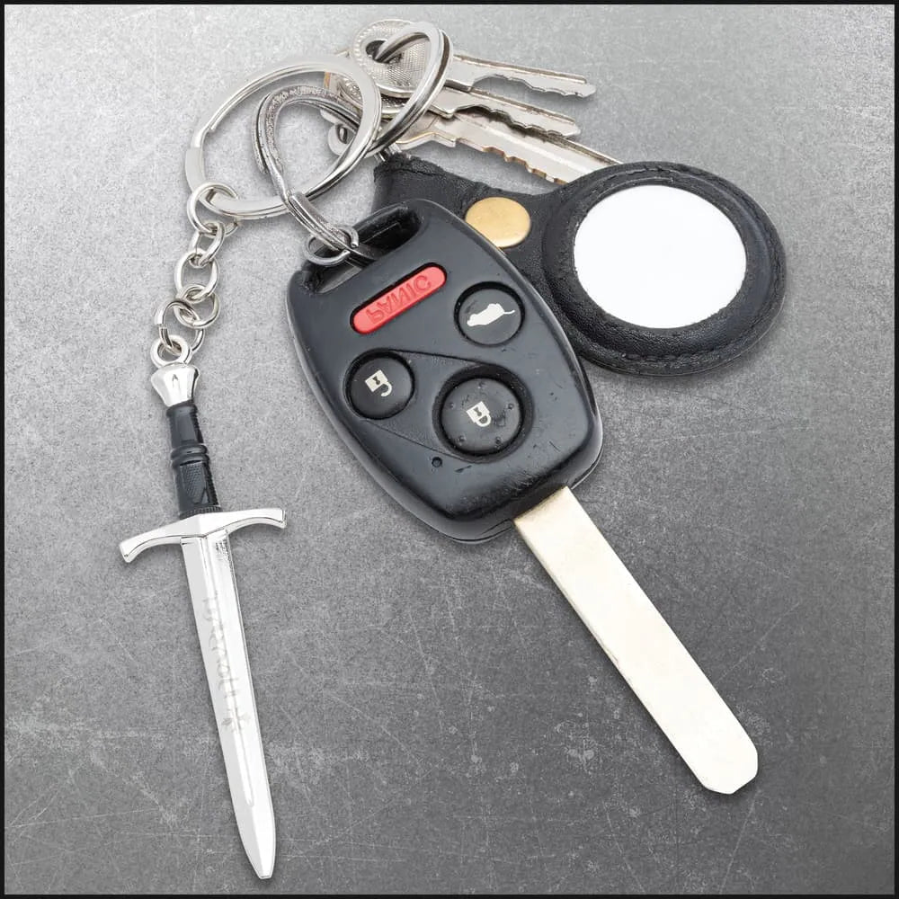Honshu Crusader Quillon dagger keychain with 2-inch stainless blade and metal ring for EDC
