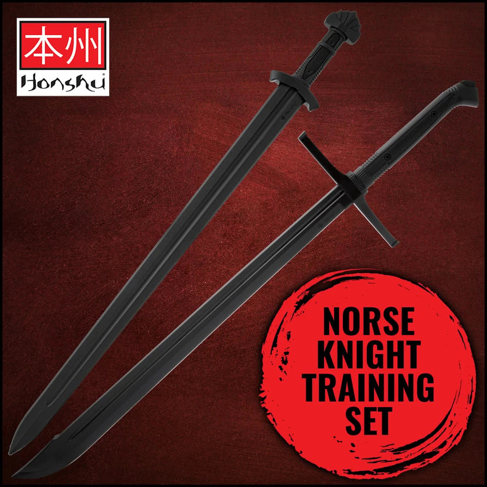 Honshu Norse Knight Training Set full product flat lay – black sword duo display collectible