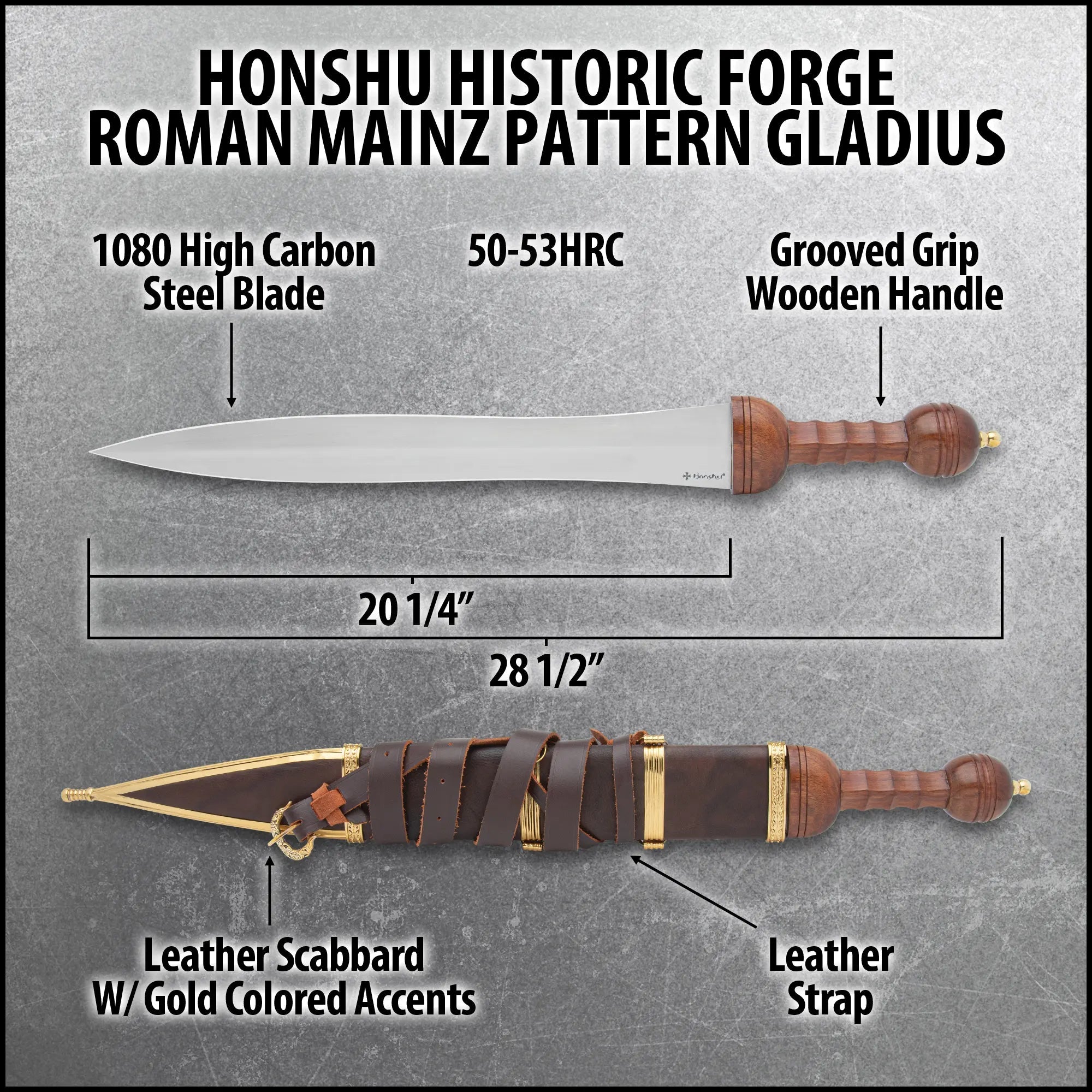 Honshu Historic Forge Roman Mainz Gladius – 69.50 cm carbon steel sword with double-edged blade, grooved wooden grip, brass guard & leather scabbard | Authentic Roman short sword for reenactment and collectors