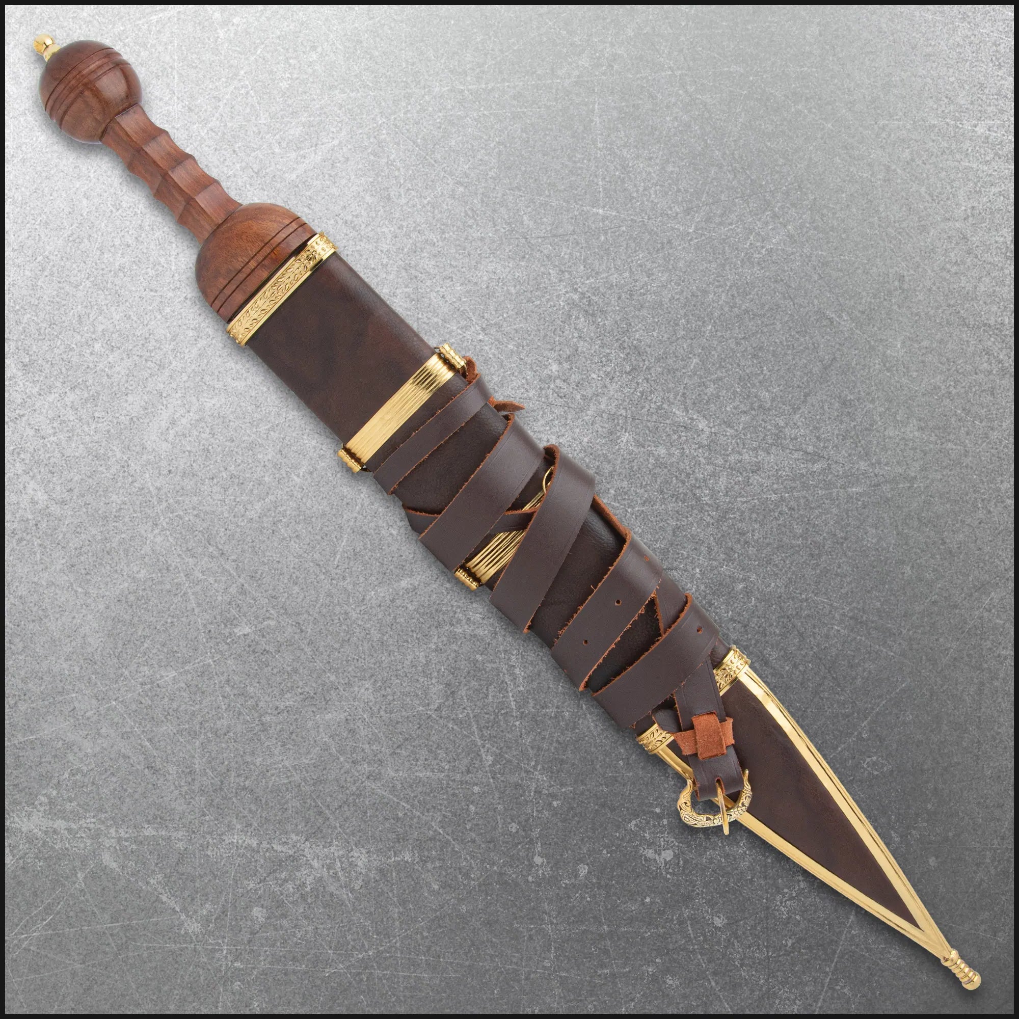 Honshu Historic Forge Roman Mainz Gladius – 69.50 cm carbon steel sword with double-edged blade, grooved wooden grip, brass guard & leather scabbard | Authentic Roman short sword for reenactment and collectors