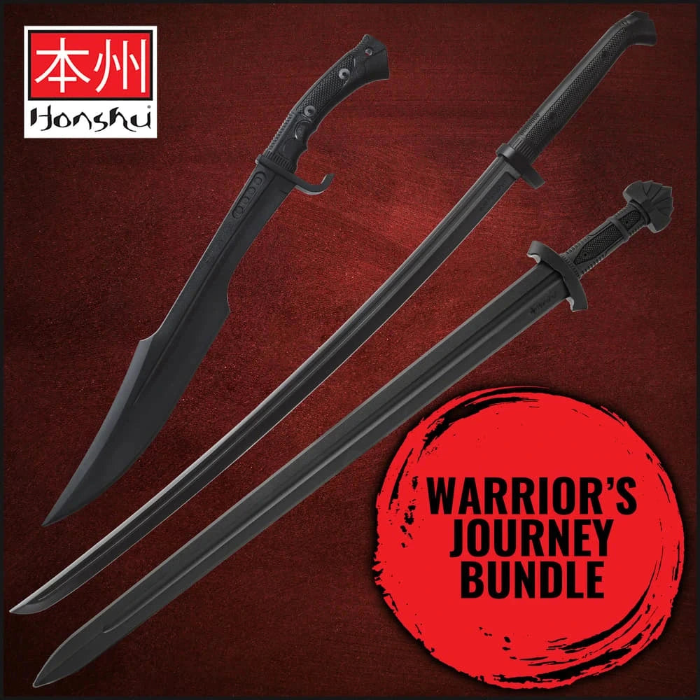 Honshu Warrior's Journey Bundle full 3-piece black sword set display – katana sparring sword collectible