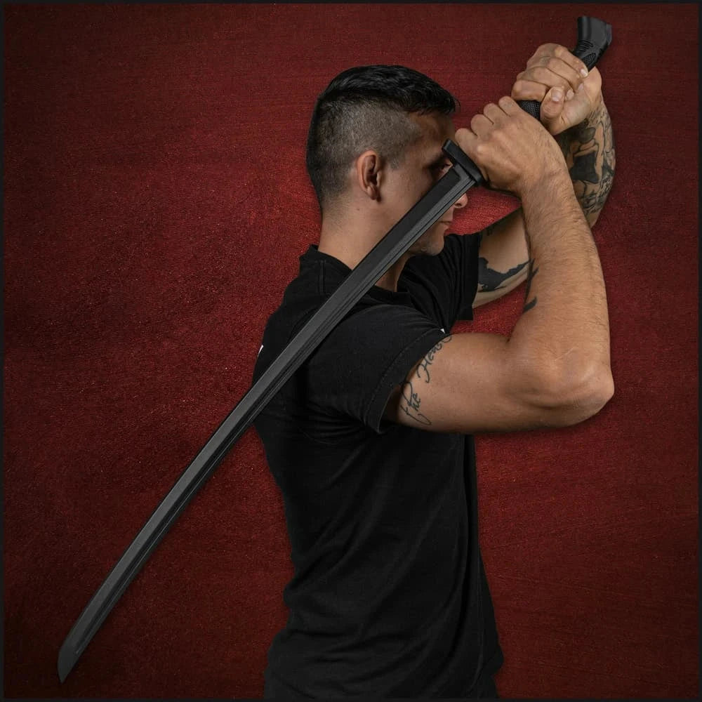 Honshu Warrior's Journey Bundle back pose with black display sword – cosplay collectible set