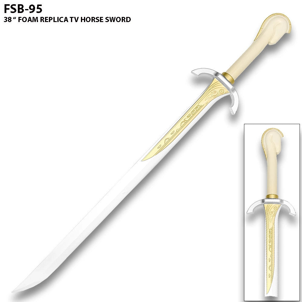 Close-up of the Horse Lord Foam Sword display collectible highlighting the decorative medieval-style handle, premium high-density foam construction, metallic-inspired finish, detailed crossguard, and collector-quality craftsmanship inspired by legendary fantasy cavalry traditions.